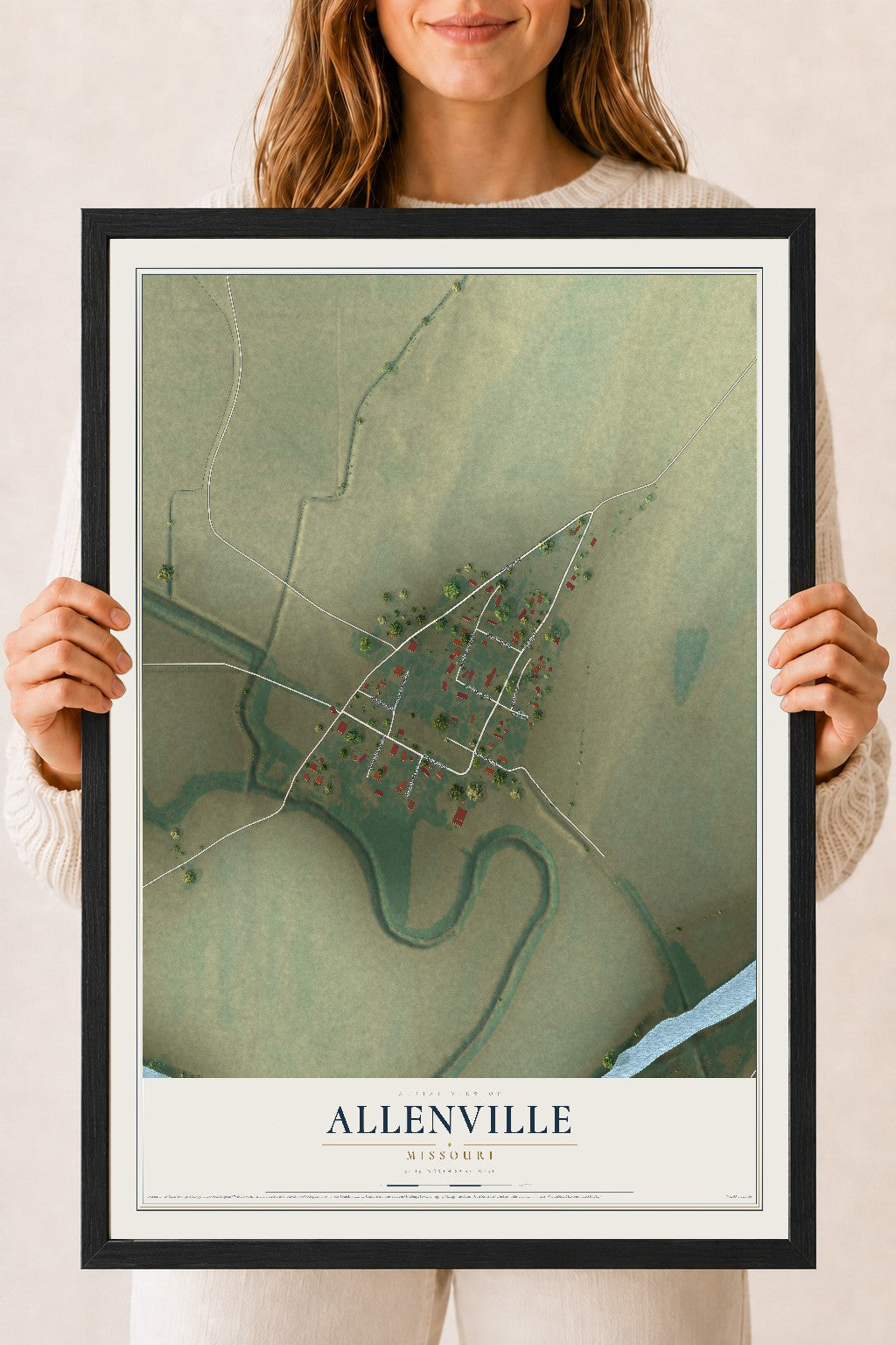 Map of Allenville, Missouri, 18 x 24 inch print in a black wood frame