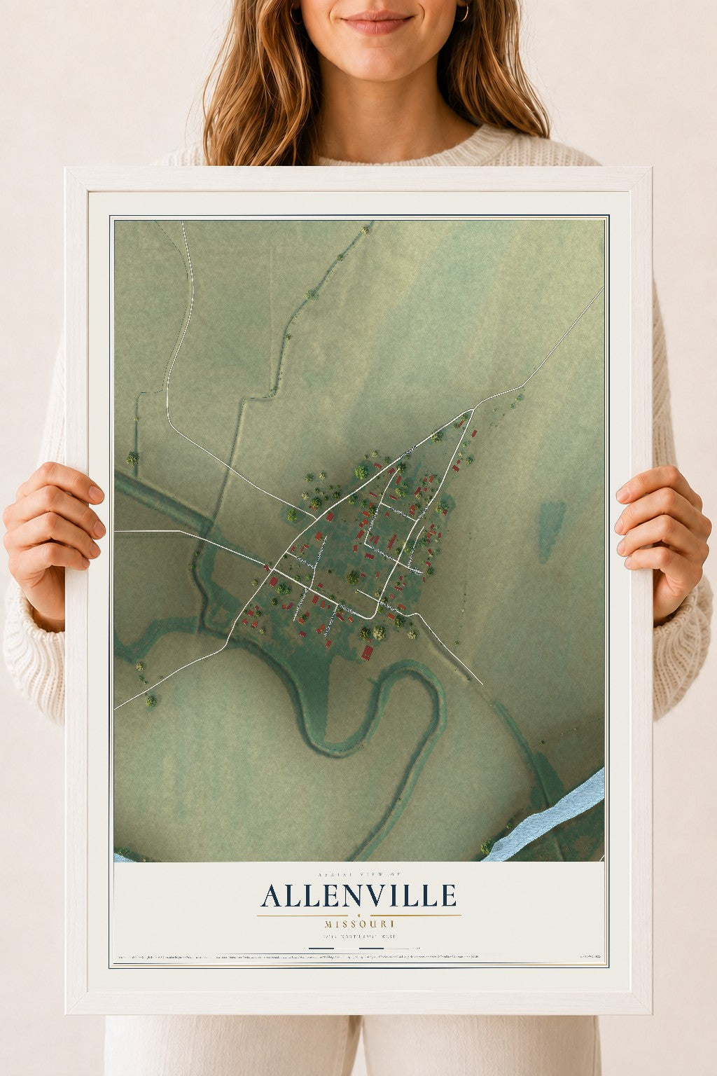 Map of Allenville, Missouri, 18 x 24 inch print in a white wood frame
