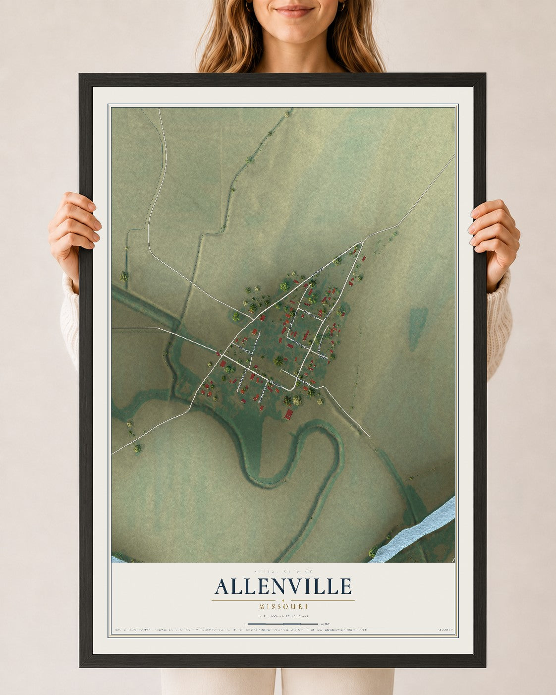 Map of Allenville, Missouri, 24 x 36 inch print in a black wood frame