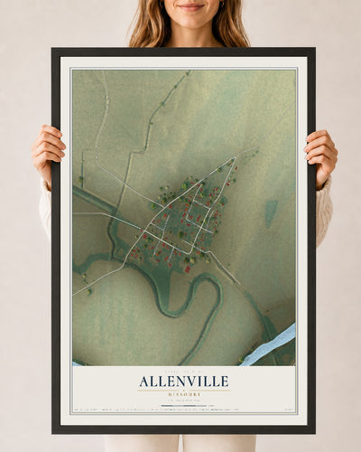Map of Allenville, Missouri, 24 x 36 inch print in a black wood frame