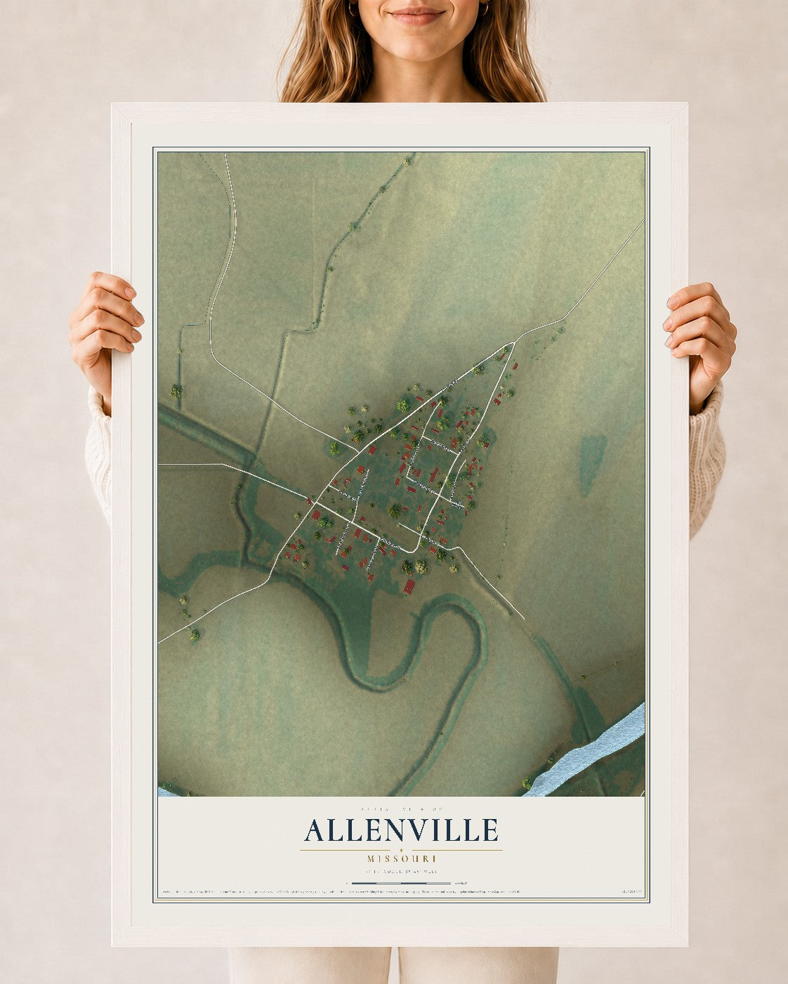 Map of Allenville, Missouri, 24 x 36 inch print in a white wood frame
