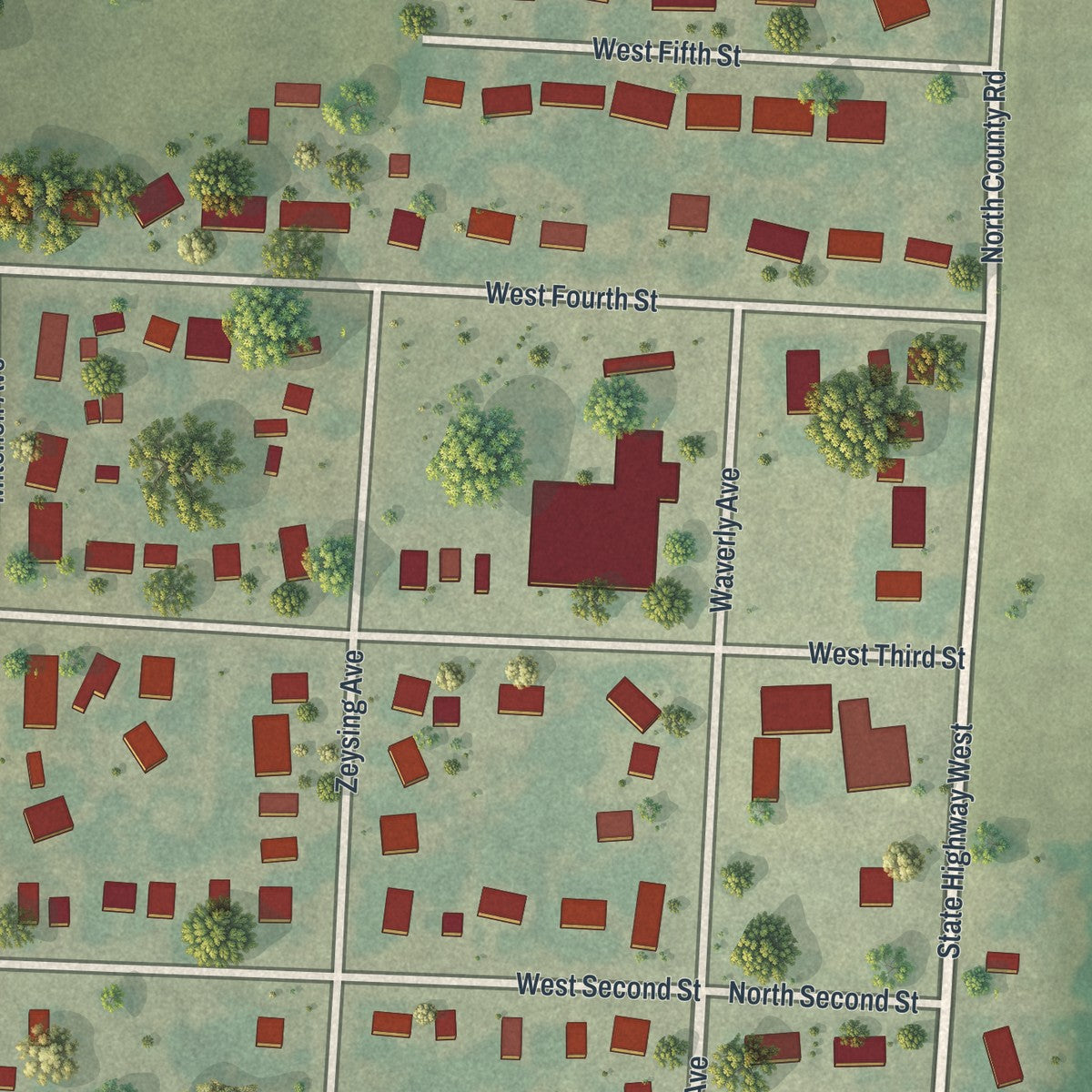 Close-up of the map of Alma, Missouri print showing street and building detail