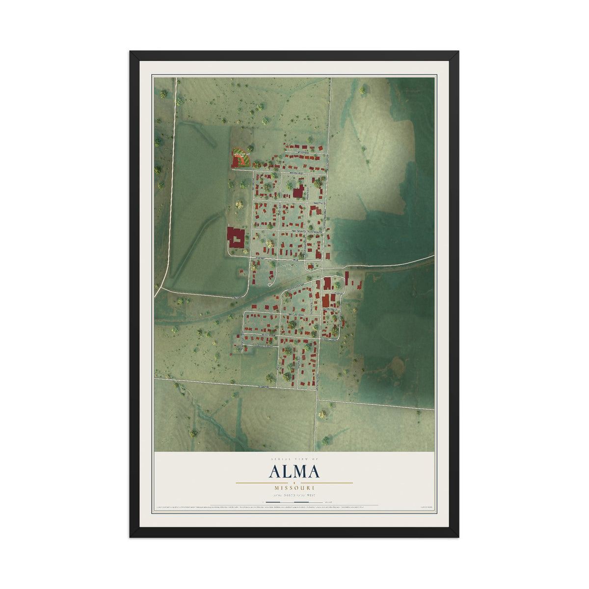 Map of Alma, Missouri, 12 x 18 inch print in a black wood frame