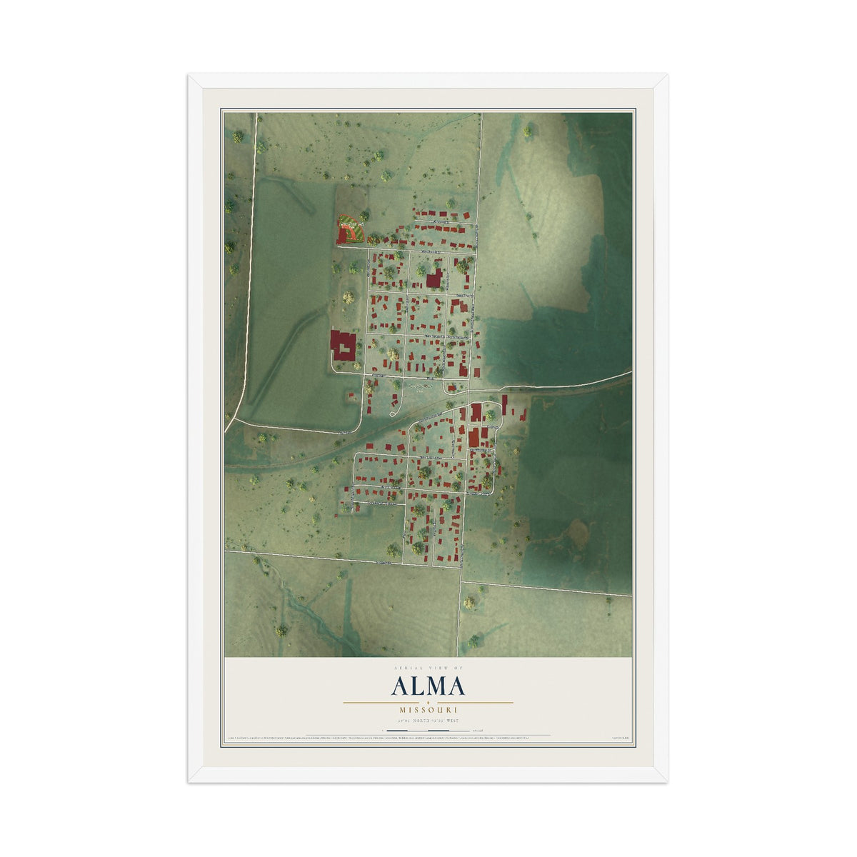 Map of Alma, Missouri, 12 x 18 inch print in a white wood frame