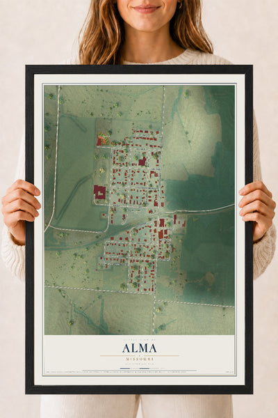 Map of Alma, Missouri, 18 x 24 inch print in a black wood frame