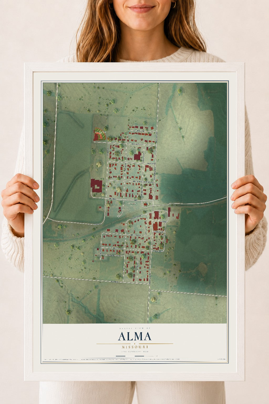 Map of Alma, Missouri, 18 x 24 inch print in a white wood frame