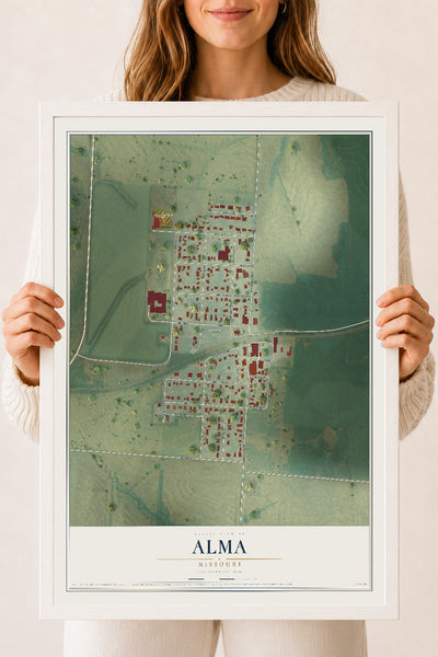 Map of Alma, Missouri, 18 x 24 inch print in a white wood frame