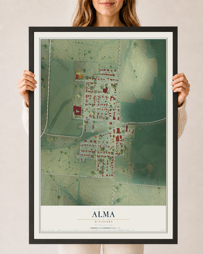 Map of Alma, Missouri, 24 x 36 inch print in a black wood frame