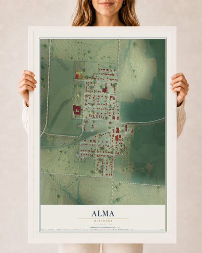 Map of Alma, Missouri, 24 x 36 inch print in a white wood frame