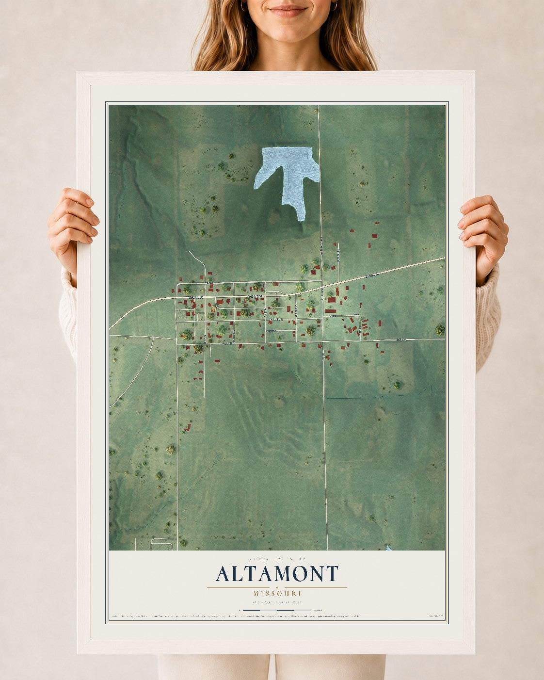 Map of Altamont, Missouri, 24 x 36 inch print in a white wood frame