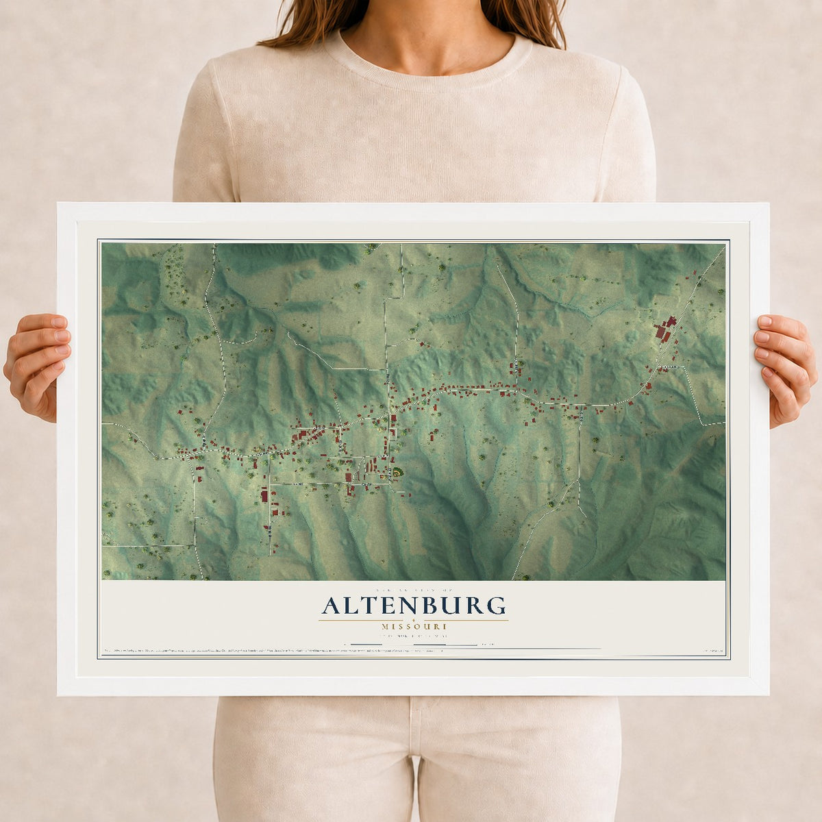 Map of Altenburg, Missouri, 12 x 18 inch print in a white wood frame