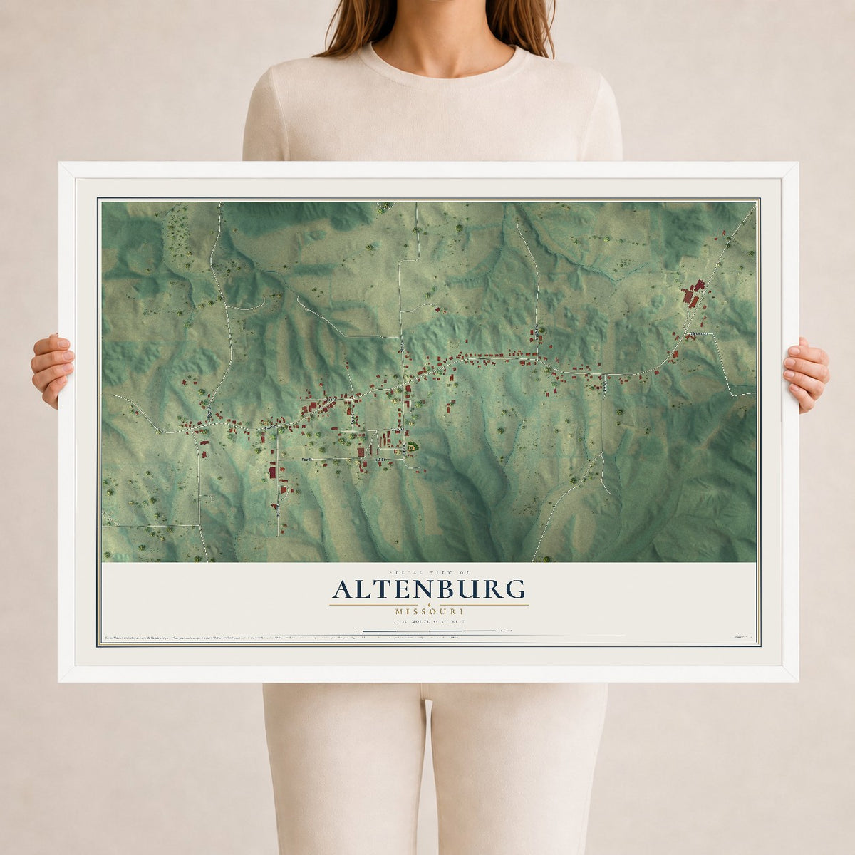 Map of Altenburg, Missouri, 24 x 36 inch print in a white wood frame