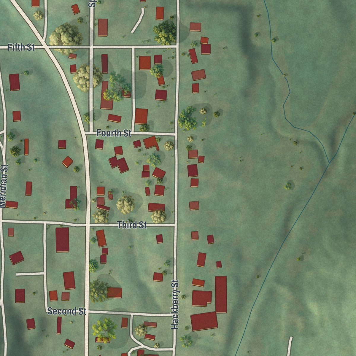 Close-up of the map of Amazonia, Missouri print showing street and building detail