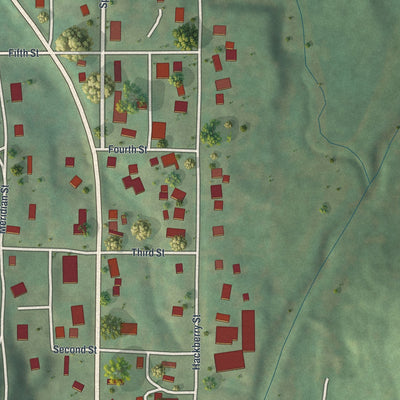 Close-up of the map of Amazonia, Missouri print showing street and building detail