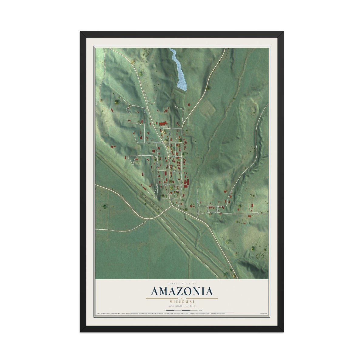 Map of Amazonia, Missouri, 12 x 18 inch print in a black wood frame