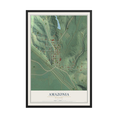 Map of Amazonia, Missouri, 12 x 18 inch print in a black wood frame