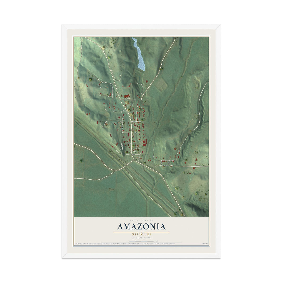 Map of Amazonia, Missouri, 12 x 18 inch print in a white wood frame