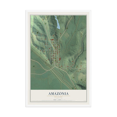 Map of Amazonia, Missouri, 12 x 18 inch print in a white wood frame