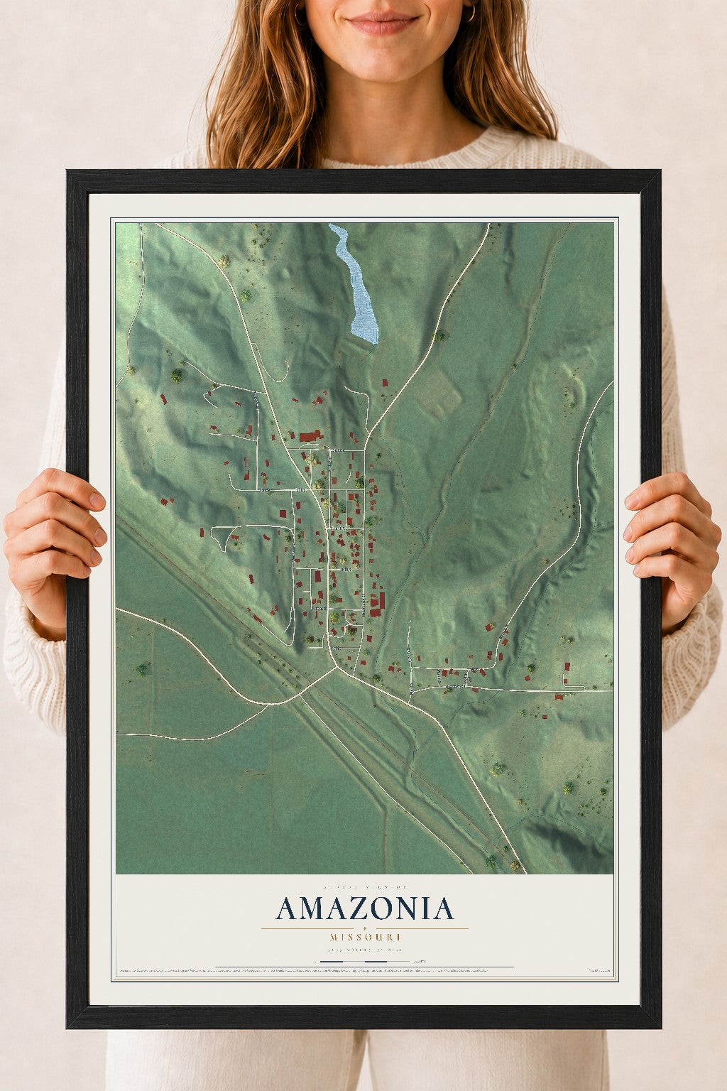 Map of Amazonia, Missouri, 18 x 24 inch print in a black wood frame