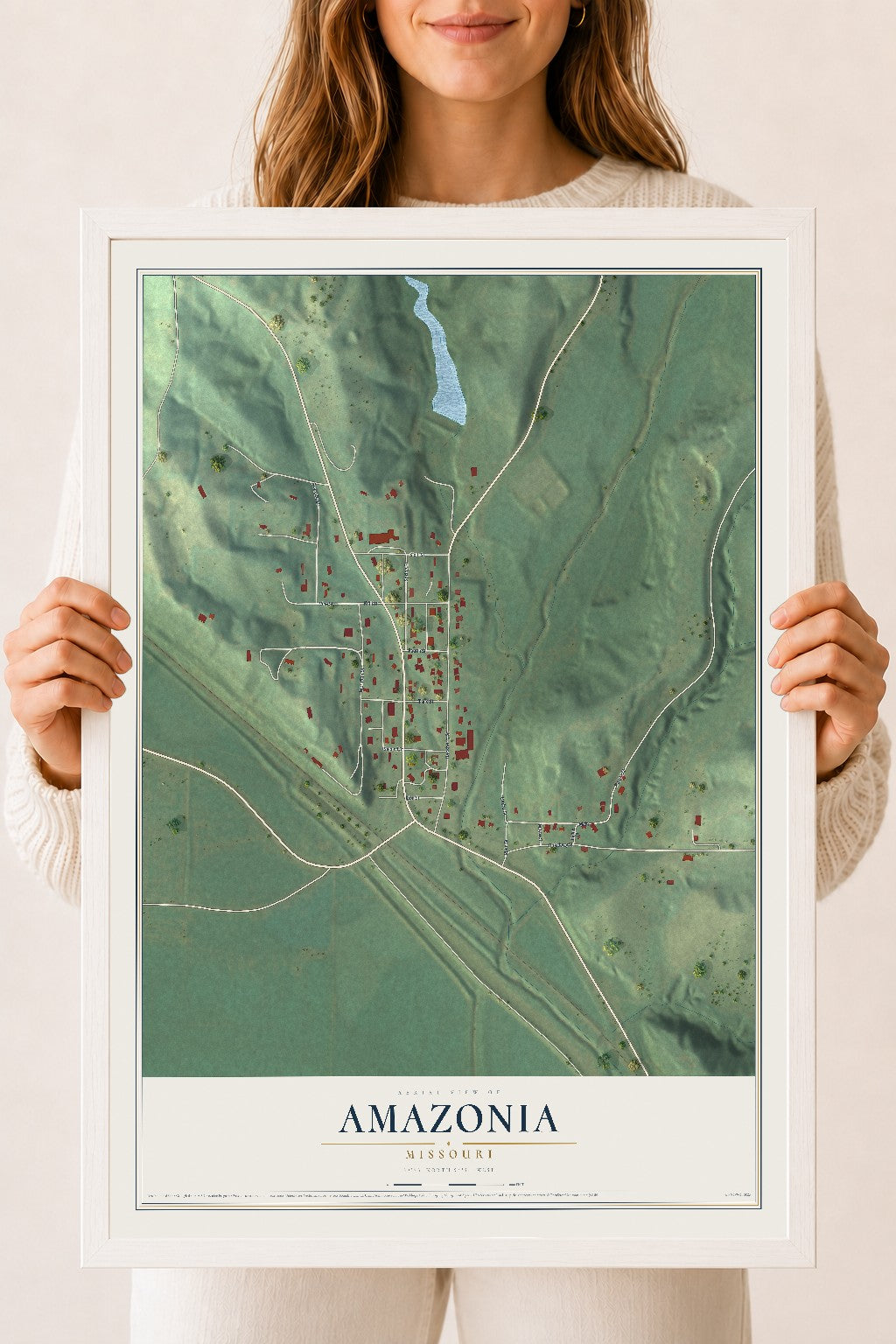 Map of Amazonia, Missouri, 18 x 24 inch print in a white wood frame