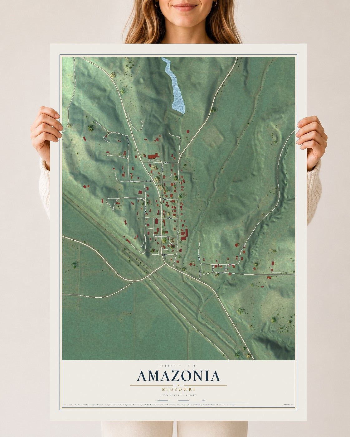Map of Amazonia, Missouri, 24 x 36 inch unframed archival matte print