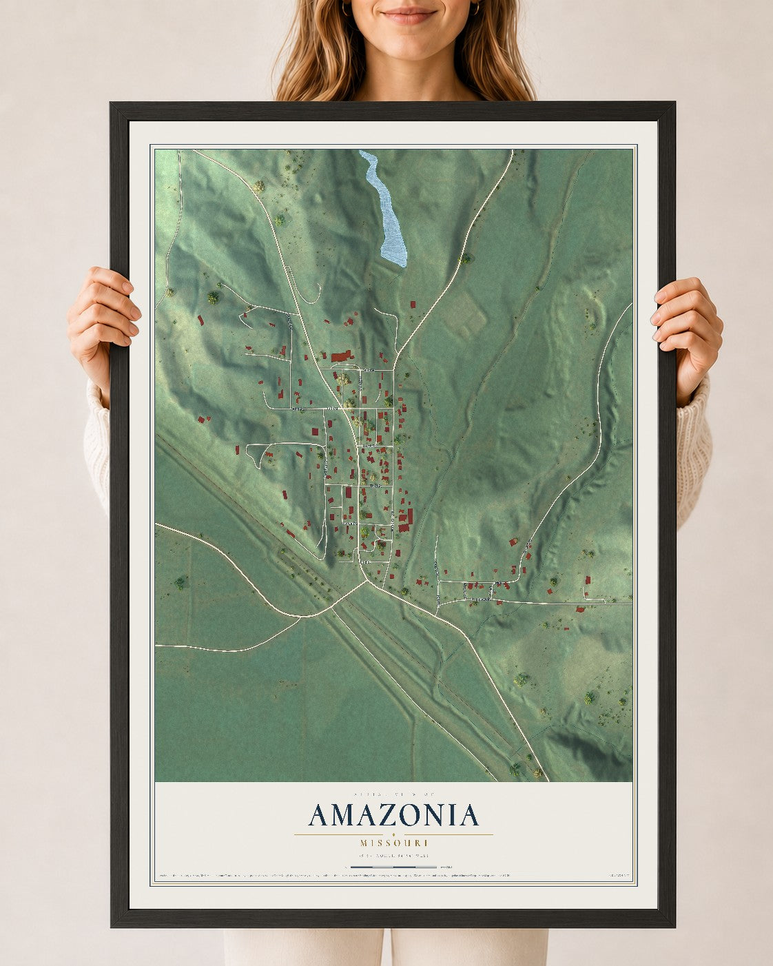 Map of Amazonia, Missouri, 24 x 36 inch print in a black wood frame