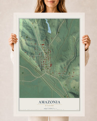 Map of Amazonia, Missouri, 24 x 36 inch print in a white wood frame