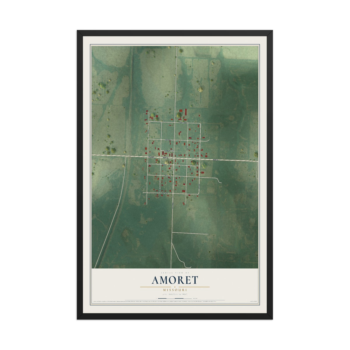 Map of Amoret, Missouri, 12 x 18 inch print in a black wood frame