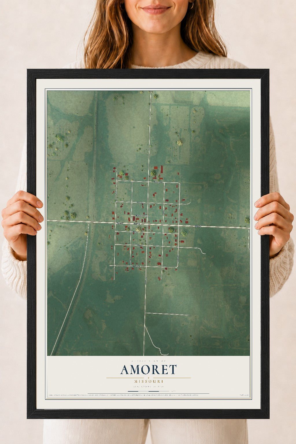 Map of Amoret, Missouri, 18 x 24 inch print in a black wood frame