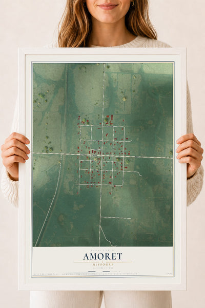 Map of Amoret, Missouri, 18 x 24 inch print in a white wood frame
