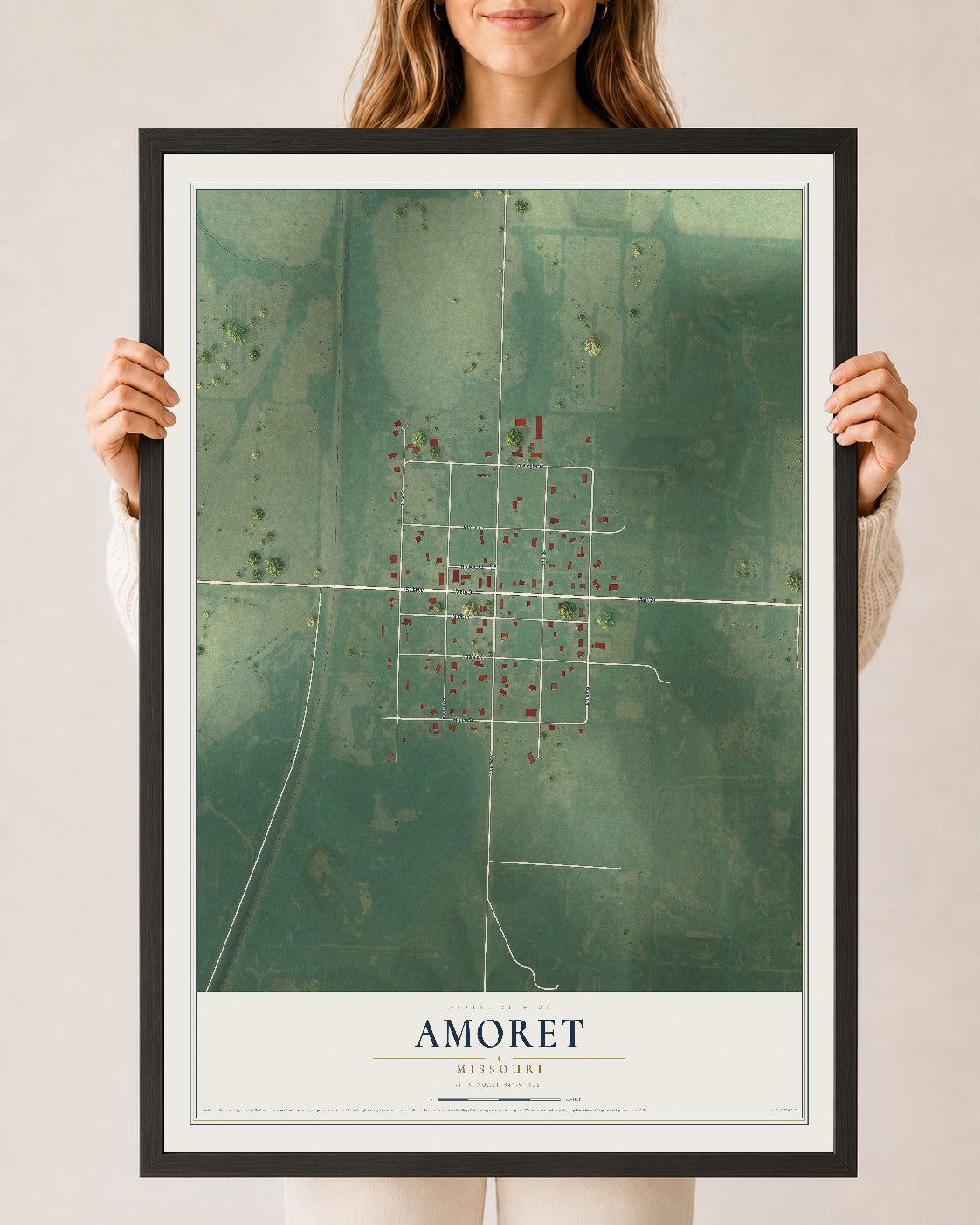 Map of Amoret, Missouri, 24 x 36 inch print in a black wood frame