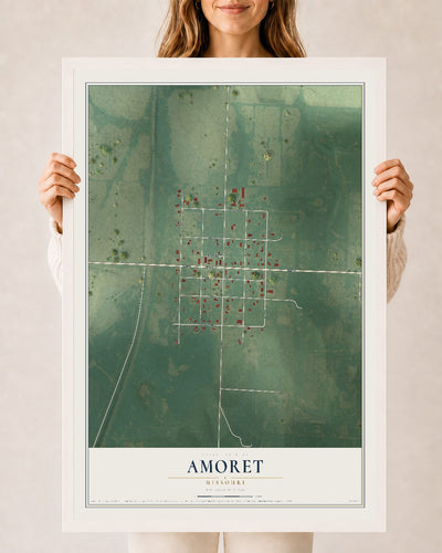 Map of Amoret, Missouri, 24 x 36 inch print in a white wood frame