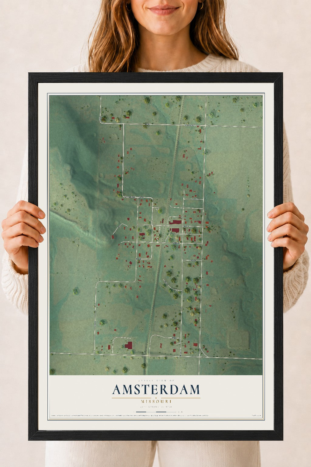 Map of Amsterdam, Missouri, 18 x 24 inch print in a black wood frame