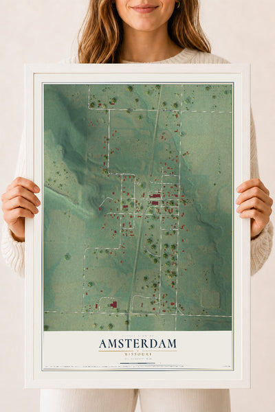 Map of Amsterdam, Missouri, 18 x 24 inch print in a white wood frame