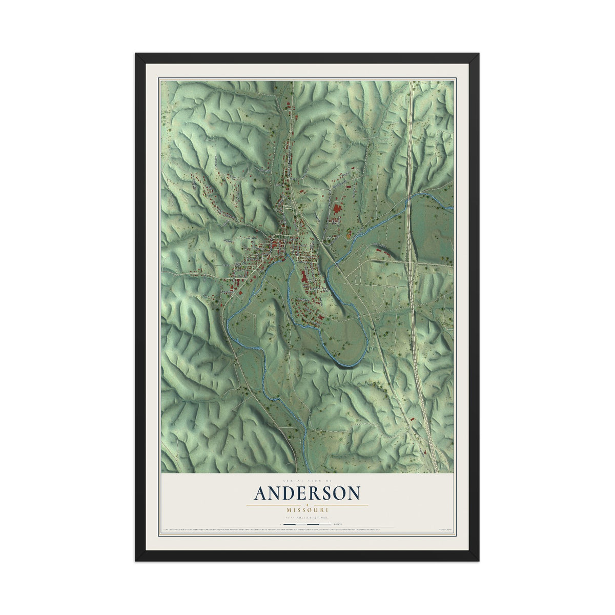 Map of Anderson, Missouri, 12 x 18 inch print in a black wood frame