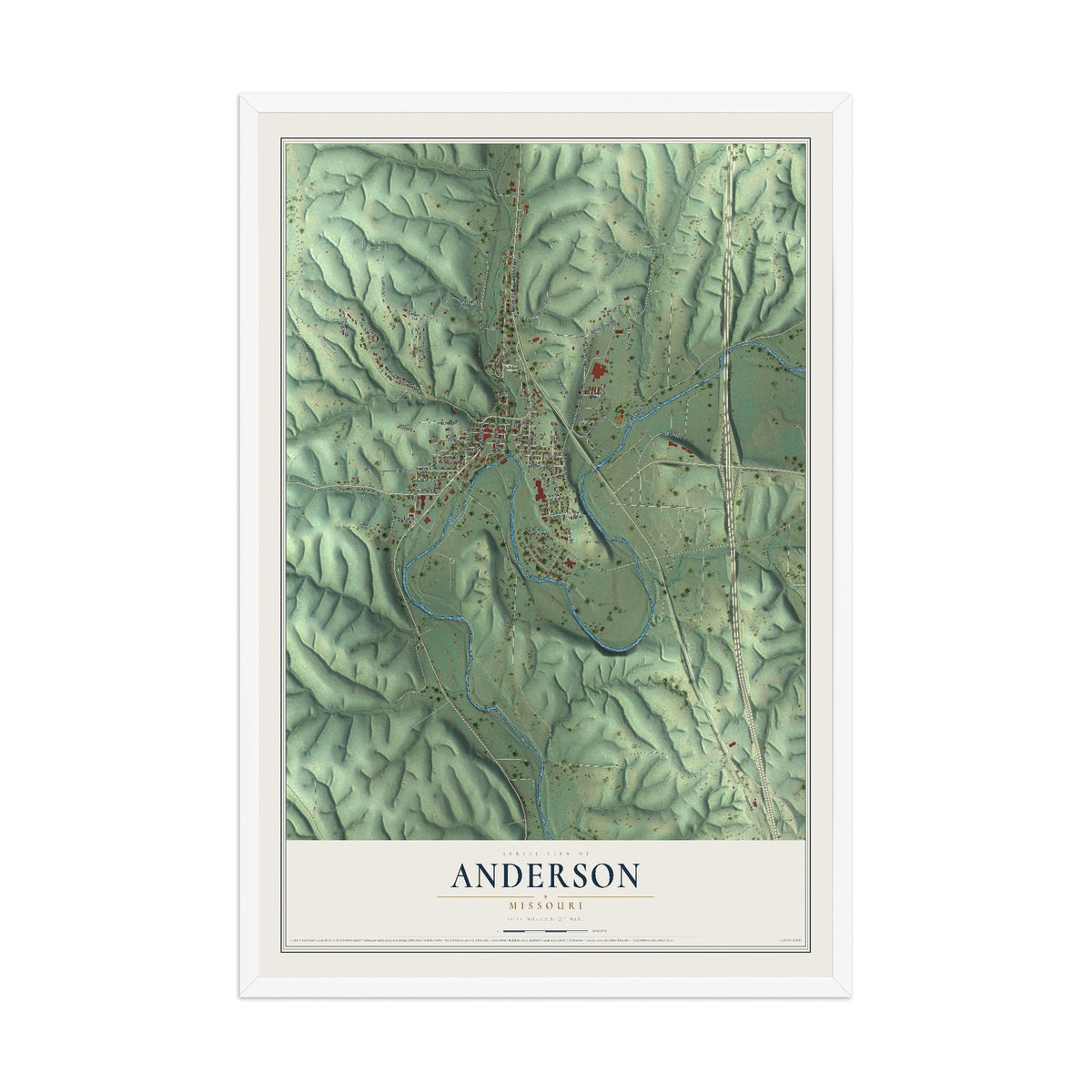 Map of Anderson, Missouri, 12 x 18 inch print in a white wood frame