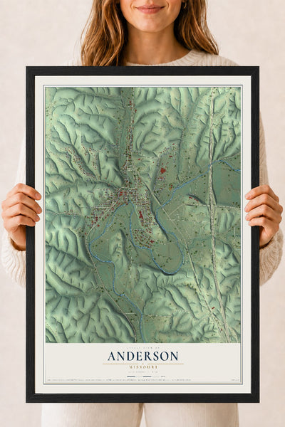Map of Anderson, Missouri, 18 x 24 inch print in a black wood frame