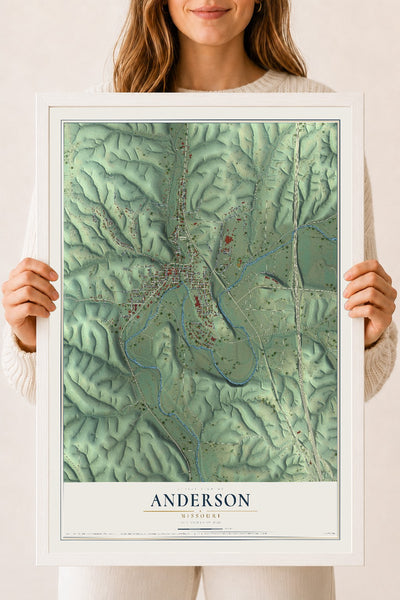Map of Anderson, Missouri, 18 x 24 inch print in a white wood frame