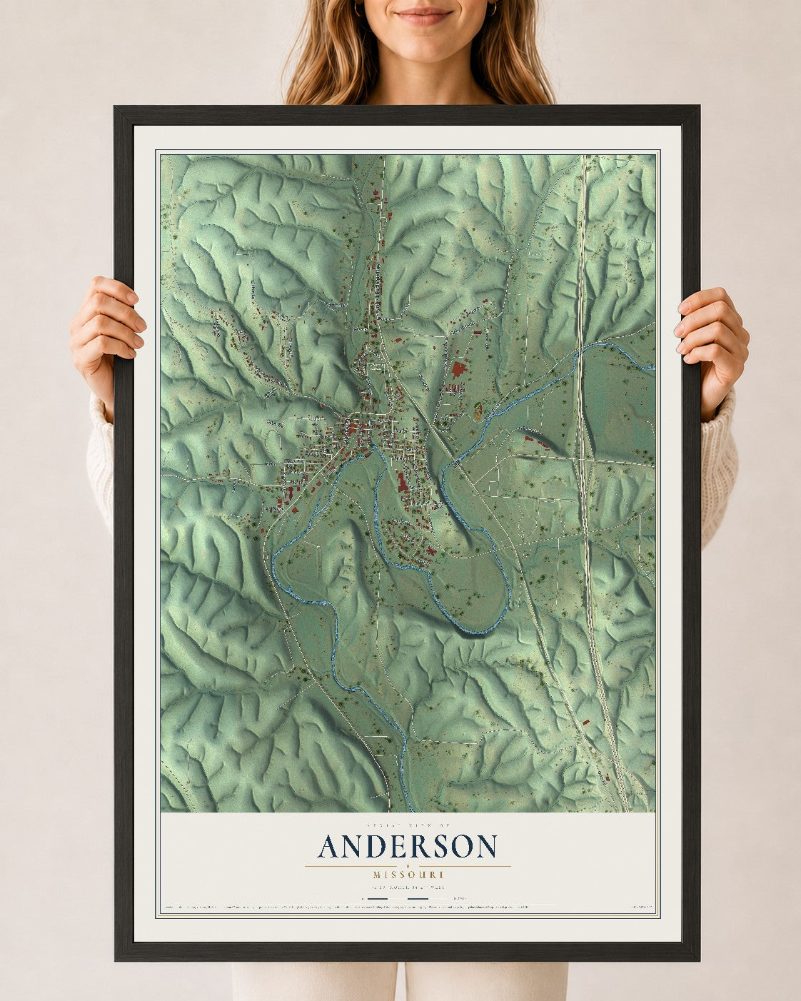 Map of Anderson, Missouri, 24 x 36 inch print in a black wood frame