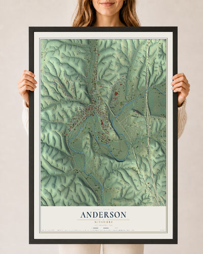 Map of Anderson, Missouri, 24 x 36 inch print in a black wood frame