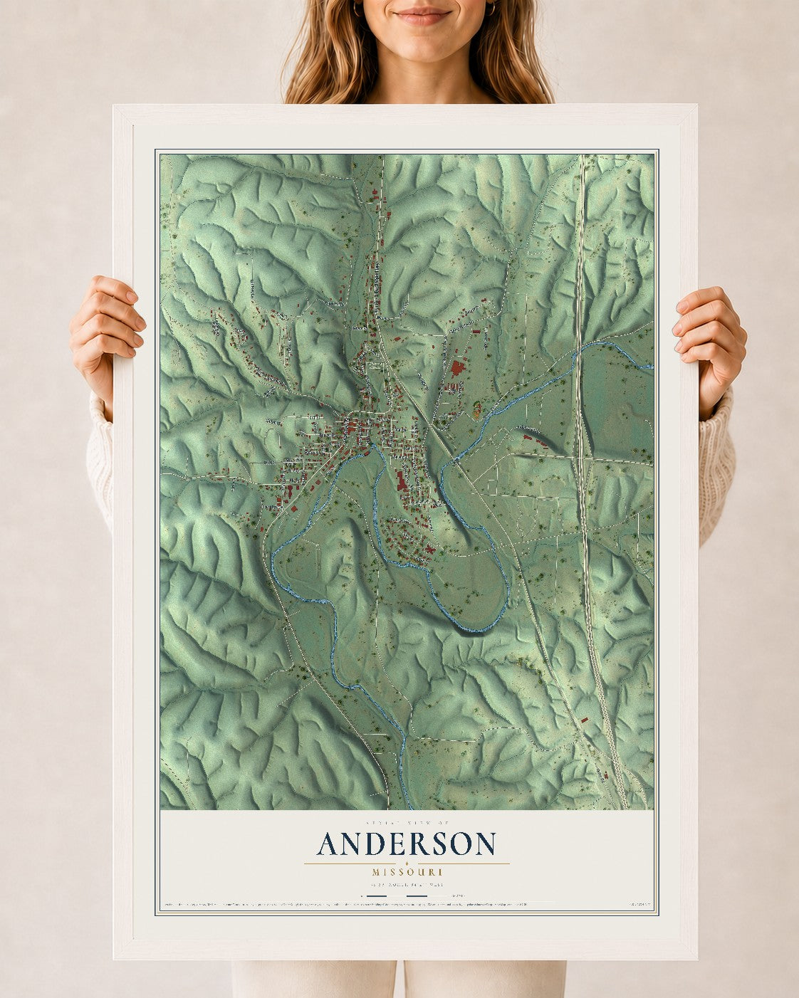 Map of Anderson, Missouri, 24 x 36 inch print in a white wood frame