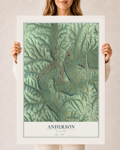 Map of Anderson, Missouri, 24 x 36 inch print in a white wood frame