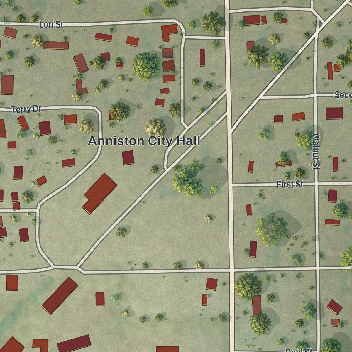 Close-up of the map of Anniston, Missouri print showing street and building detail