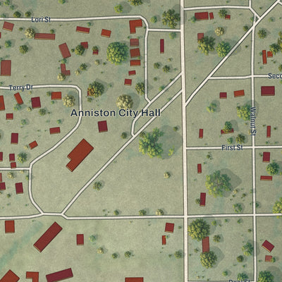Close-up of the map of Anniston, Missouri print showing street and building detail