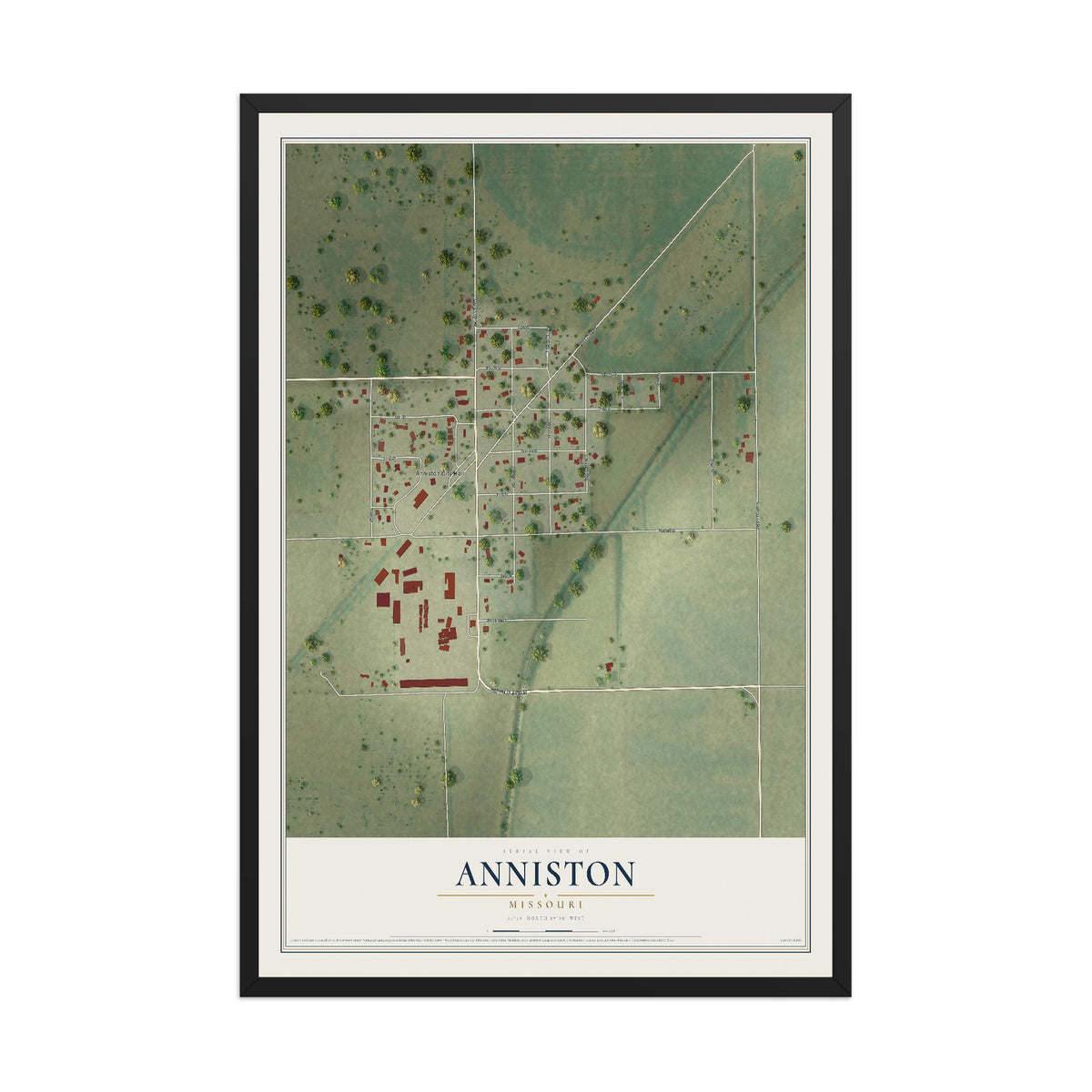 Map of Anniston, Missouri, 12 x 18 inch print in a black wood frame