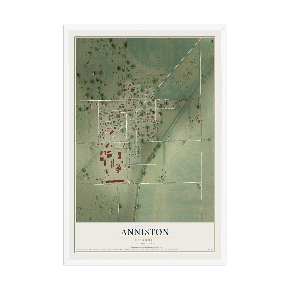 Map of Anniston, Missouri, 12 x 18 inch print in a white wood frame