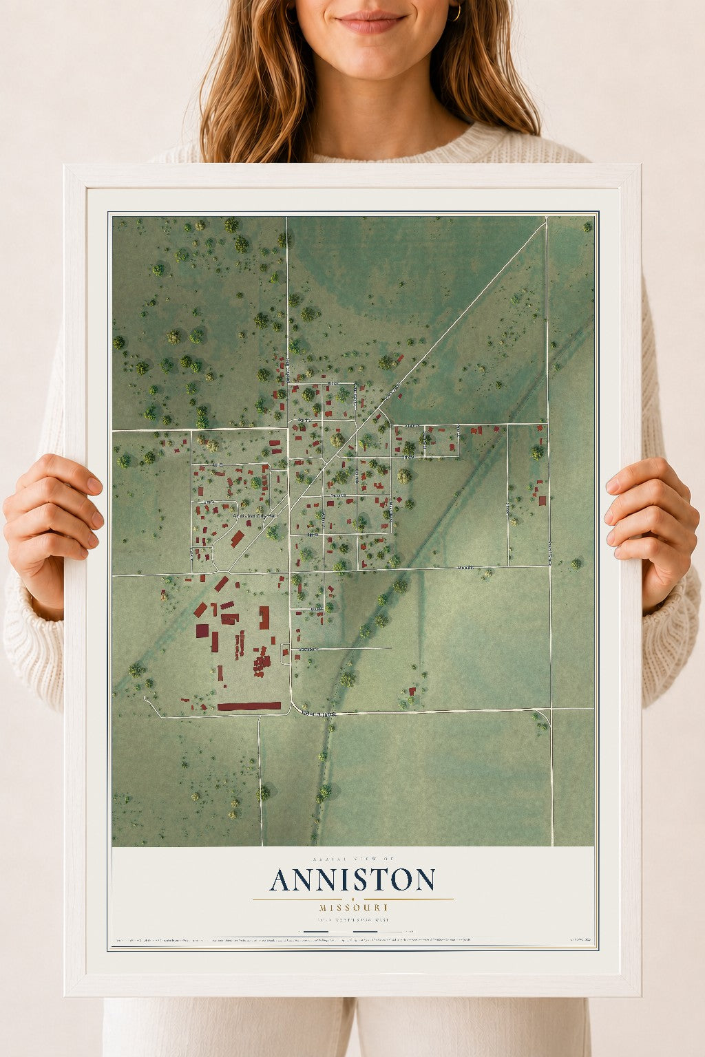 Map of Anniston, Missouri, 18 x 24 inch print in a white wood frame