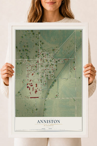 Map of Anniston, Missouri, 18 x 24 inch print in a white wood frame