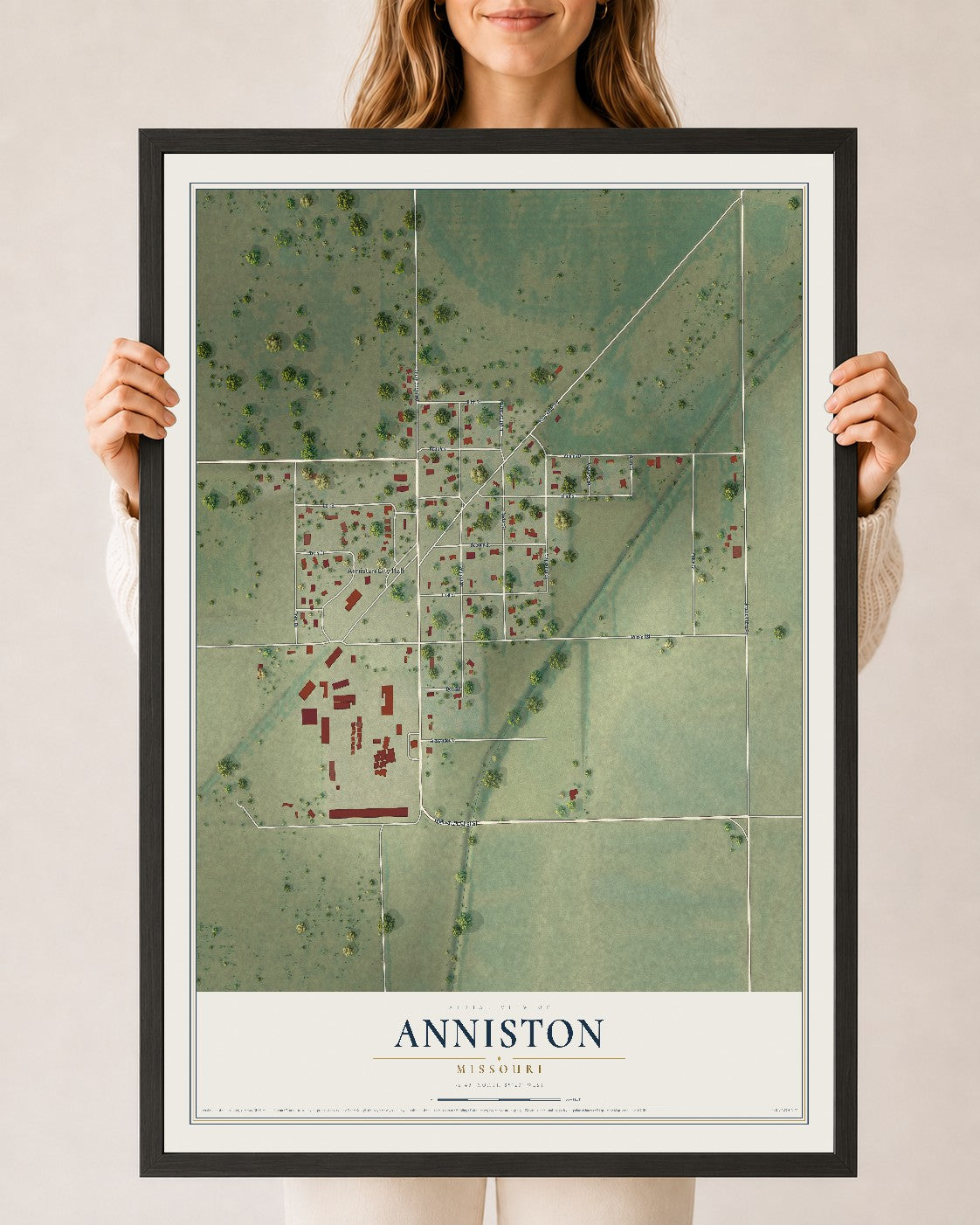 Map of Anniston, Missouri, 24 x 36 inch print in a black wood frame