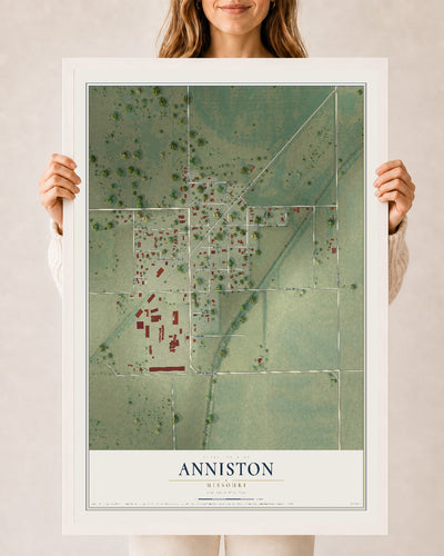 Map of Anniston, Missouri, 24 x 36 inch print in a white wood frame
